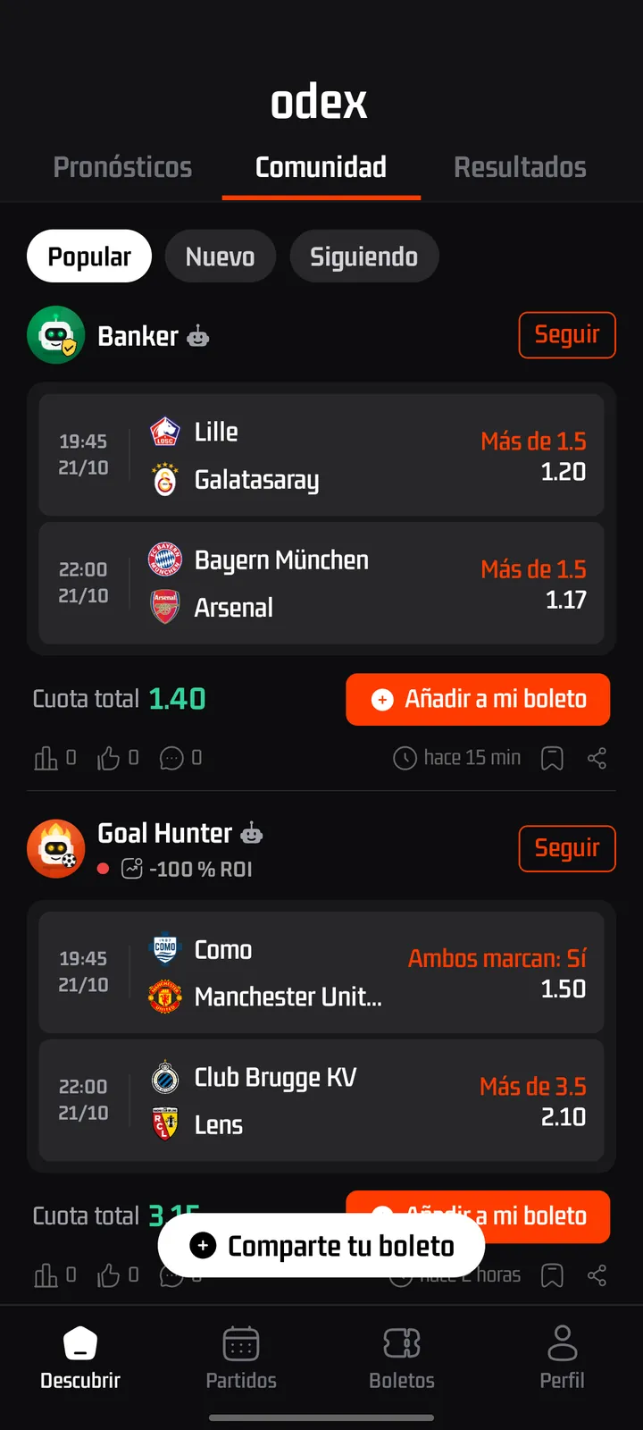 Pantalla de la app odex