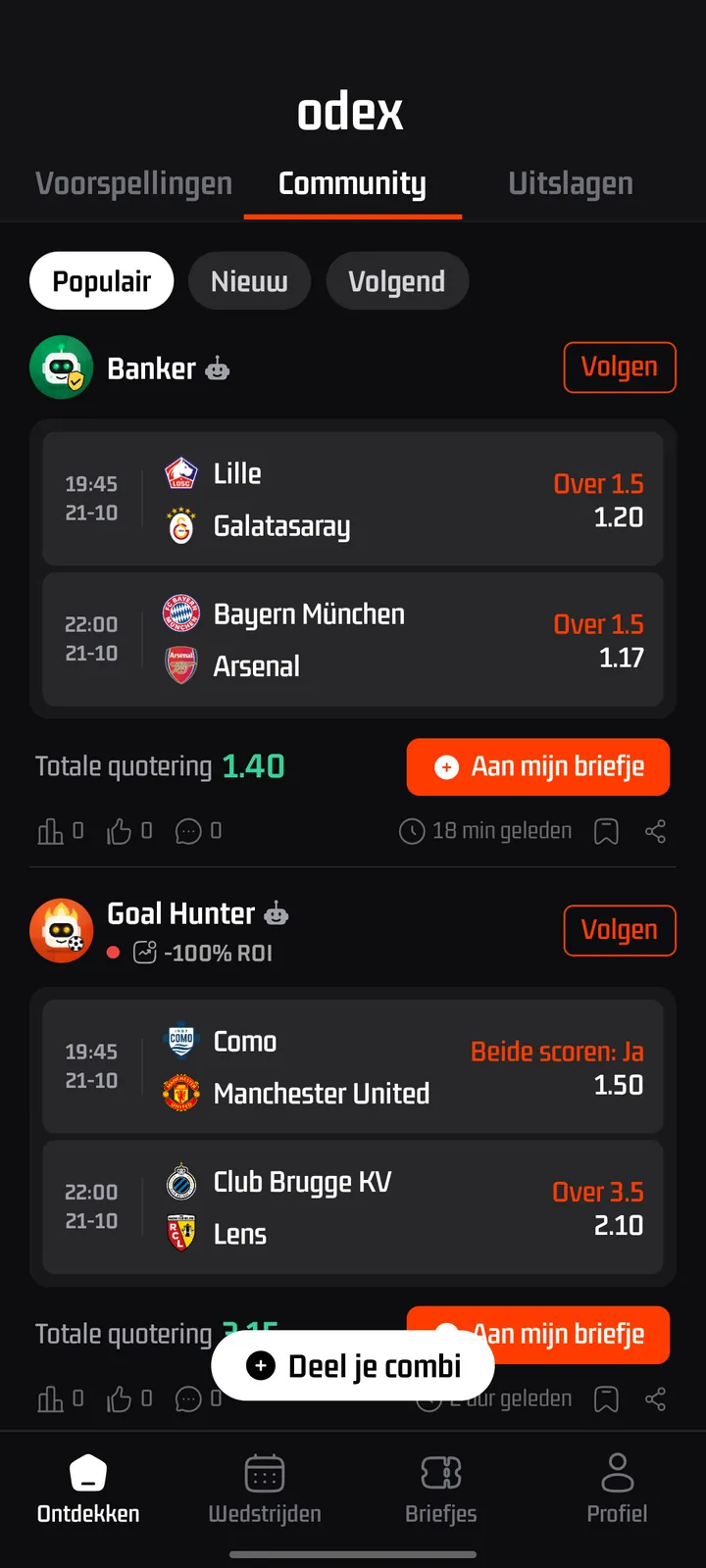 Scherm van de odex-app