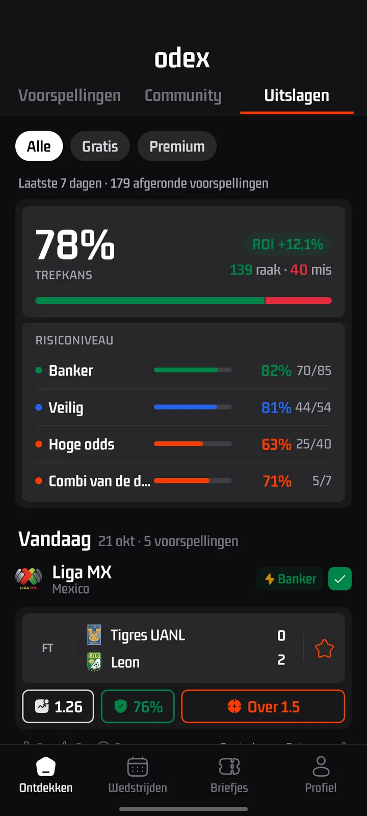 Scherm van de odex-app